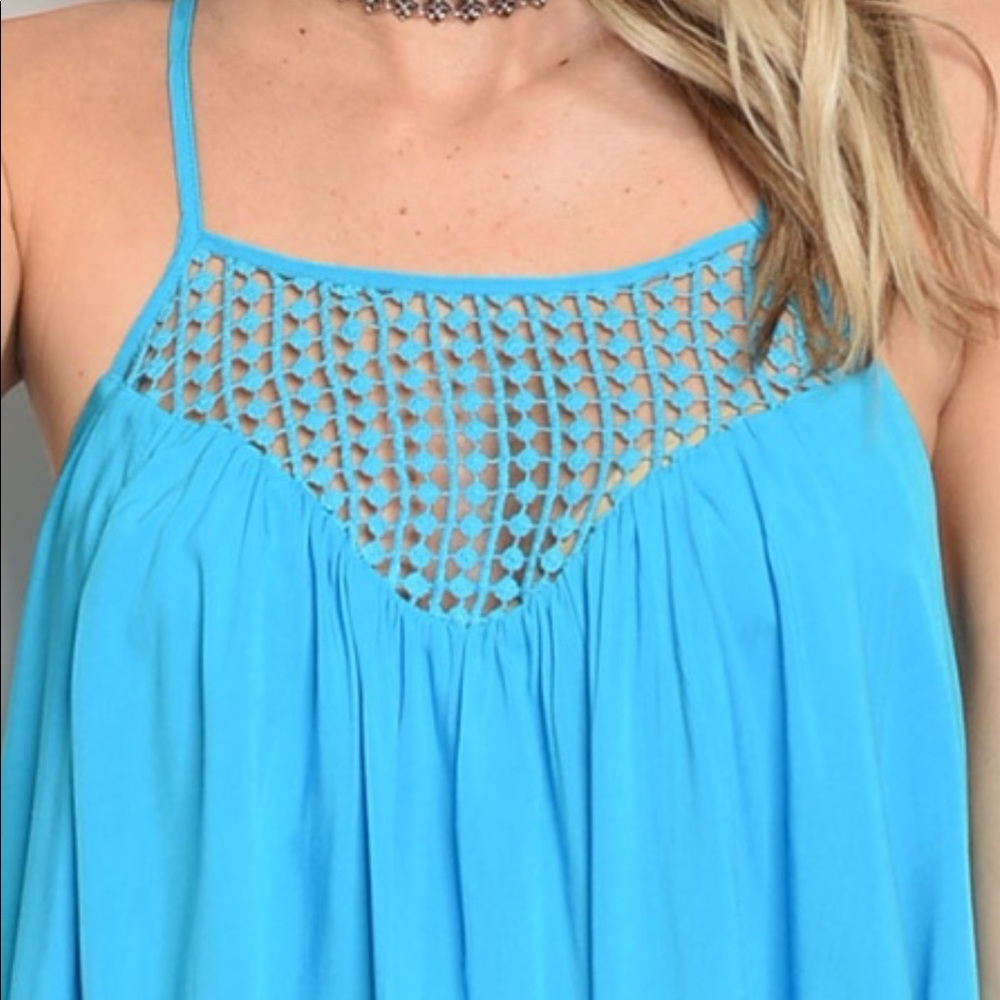 ❌DONATED❌Turquoise Blue Oversized Lined Crochet Design Tunic Tank Top - Picture 2 of 10